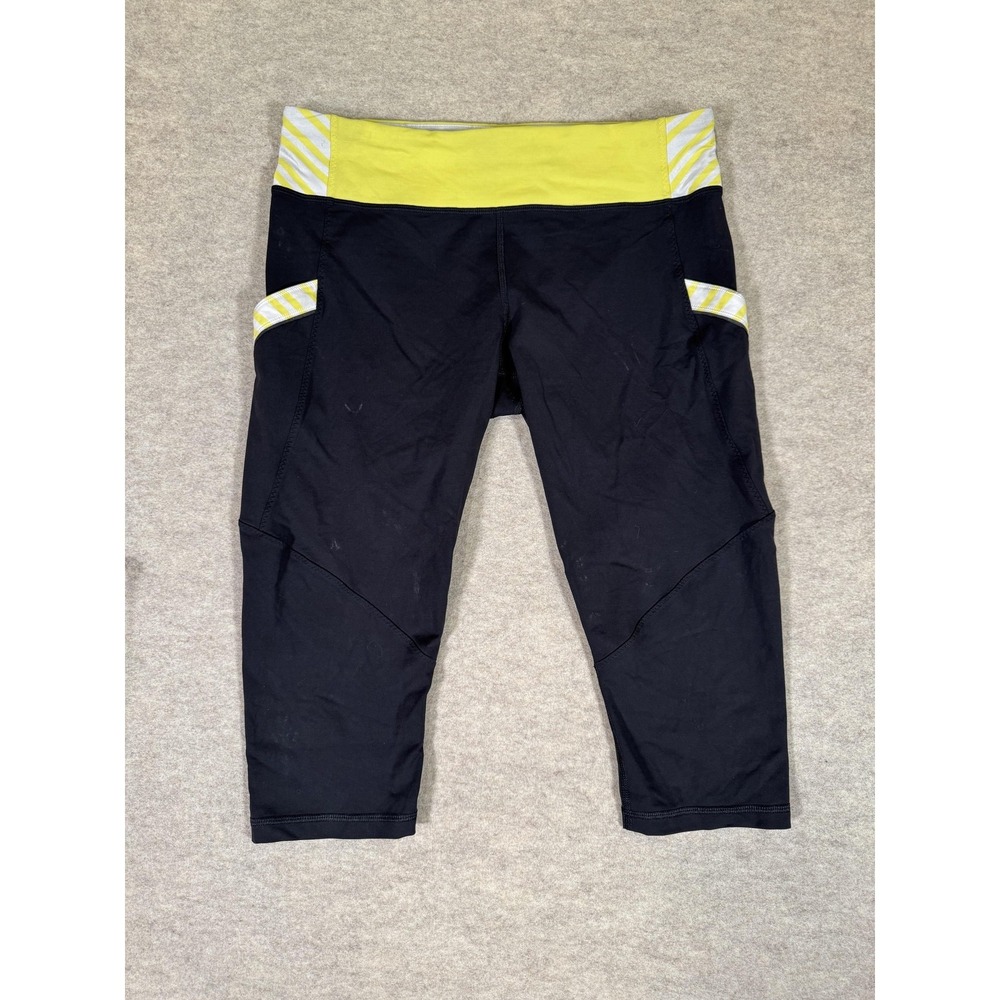 Lululemon Leggings Womens Small Black Capri Stripe Waist Pockets Running Yoga